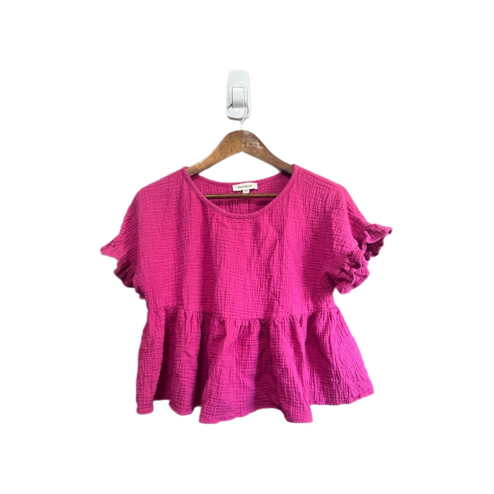 Francesca's Peplum Top Women Medium Pink Excellent Ruffle Gauze Cotton ARC2040